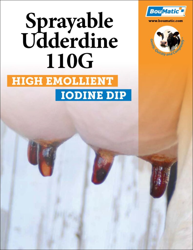 Sprayable Udderdine 110G is a powerful well balanced iodine based teat dip